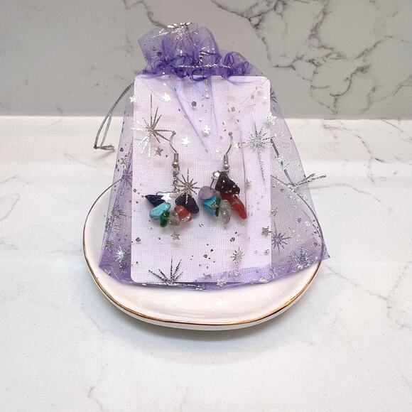 Colorful Pebble Dangly Earrings – Boho, Naturecore, Gorpcore, Hippie Style - Picture 3 of 5